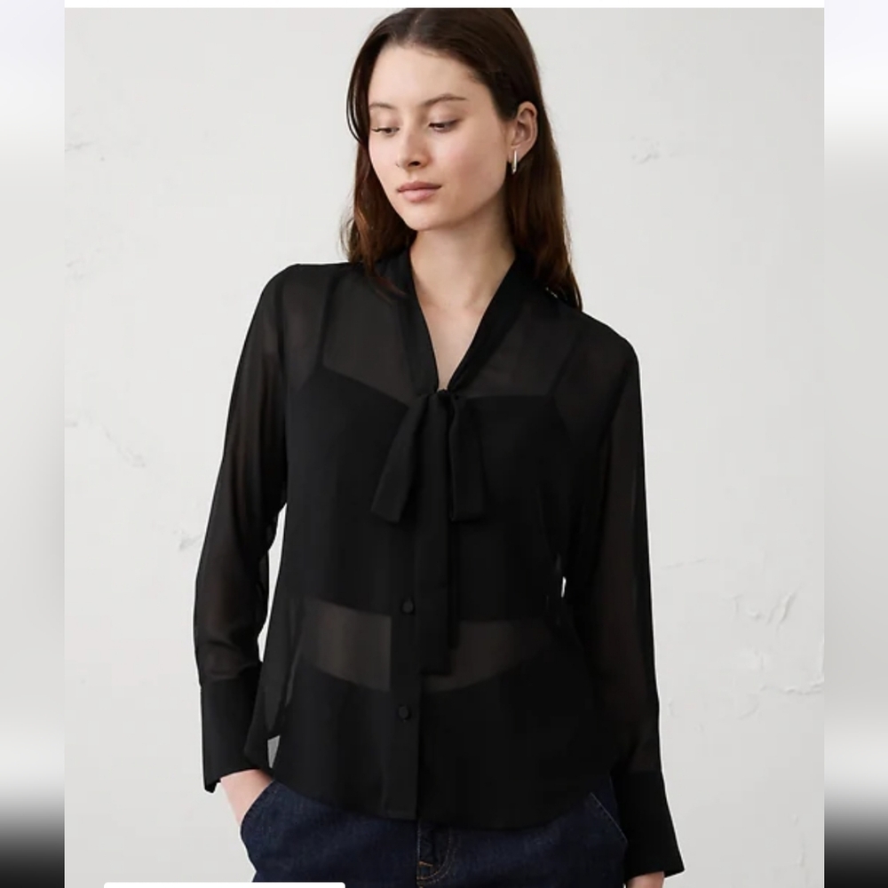 Banana Republic Women Black Sheer Tie-Neck Blouse, Size M